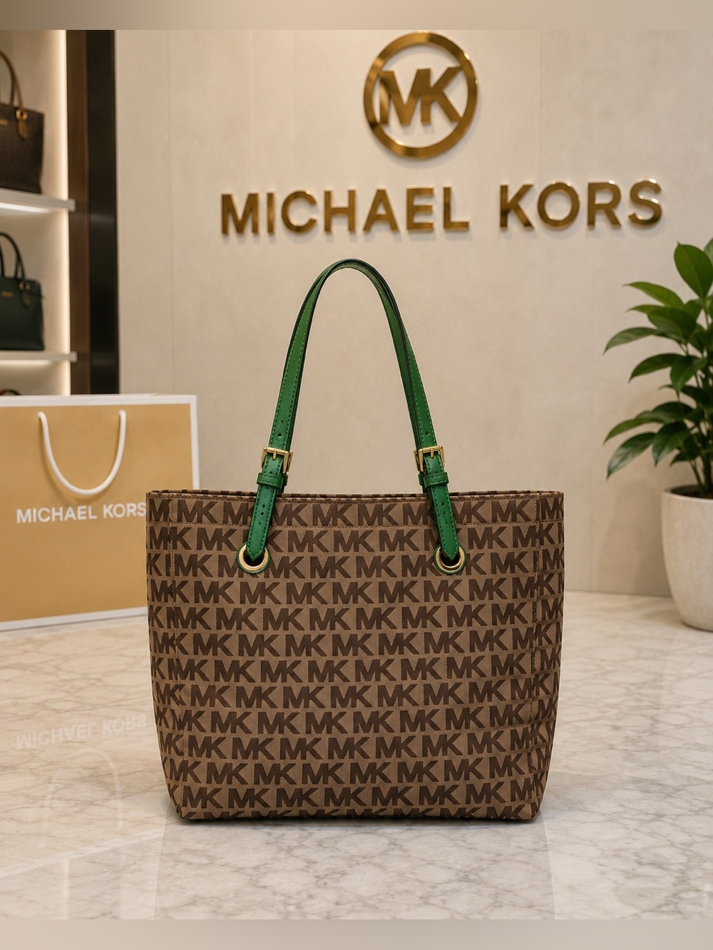 Michael Kors Jet Set Medium Signature Jacquard Tote Green Leather Trim